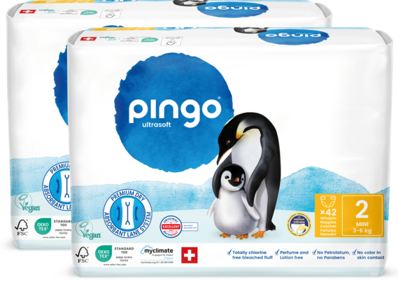 Sie sehen eine Packung Bio Windeln Nr.2 Mini Jumbo 3-6kg Pinguin – Pingo Swiss, Produktbild: 01 Bio Windeln Nr.2 Mini Jumbo 3-6kg Pinguin – Pingo Swiss, A-Nr.: 4559537 - 01
