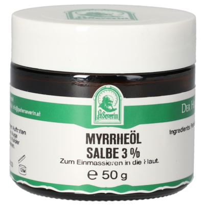 Sie sehen eine Packung MYRRHEÖL SALBE 3% 50 G, Produktbild: 01 MYRRHEÖL SALBE 3% 50 G, A-Nr.: 5802365 - 01