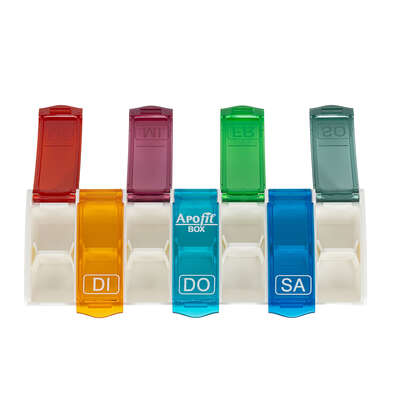 Sie sehen eine Packung APOfit Wochendispenser 1 Dosierer Box bunt Fachteiler, Produktbild: 02 APOfit Wochendispenser 1 Dosierer Box bunt Fachteiler, A-Nr.: 6103468 - 02