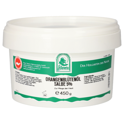 Sie sehen eine Packung ORANGENBLÜTENÖL SALBE 5% 450 G, Produktbild: 01 ORANGENBLÜTENÖL SALBE 5% 450 G, A-Nr.: 5952567 - 01