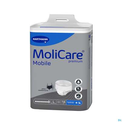Sie sehen eine Packung Inkontinenz Molicare Premium/mobile/10tropfen Schwart L 100-150cm 14st, Produktbild: 02 Inkontinenz Molicare Premium/mobile/10tropfen Schwart L 100-150cm 14st, A-Nr.: 4843764 - 02