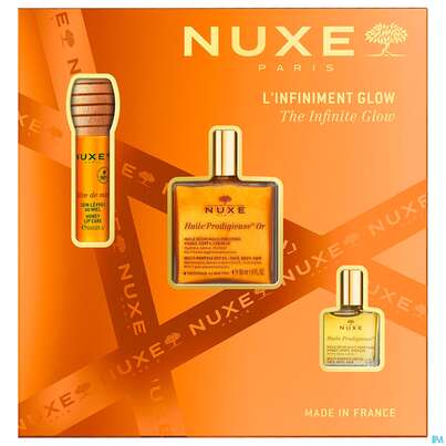 Sie sehen eine Packung Nuxe Xmas/2025/infinite Glow Hp Or 50ml+hp Mult 10ml+ Rdm Lip Gloss 1st, Produktbild: 01 Nuxe Xmas/2025/infinite Glow Hp Or 50ml+hp Mult 10ml+ Rdm Lip Gloss 1st, A-Nr.: 5989180 - 01