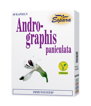 Sie sehen eine Packung Espara Andrographis Kapseln, Produktbild: 01 Espara Andrographis Kapseln, A-Nr.: 3492417 - 01