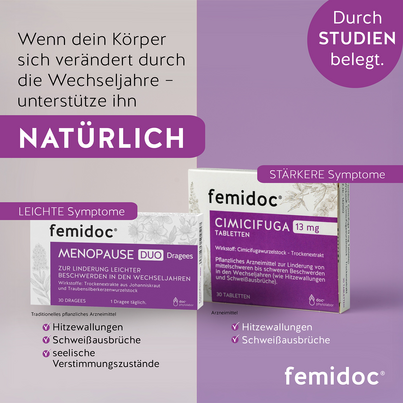 Sie sehen eine Packung femidoc CIMICIFUGA 13 mg Filmtabletten, Produktbild: 08 femidoc CIMICIFUGA 13 mg Filmtabletten, A-Nr.: 5533787 - 08