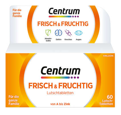 Sie sehen eine Packung Centrum Lutschtabletten frisch & fruchtig von A bis Zink, Produktbild: 01 Centrum Lutschtabletten frisch & fruchtig von A bis Zink, A-Nr.: 4084198 - 01
