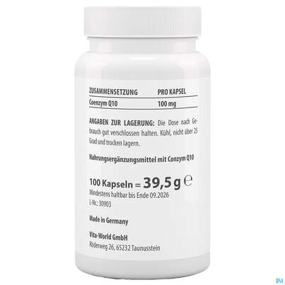 Sie sehen eine Packung Coenzym Q10 Kapseln 100mg Vegan Ubichinon Vita World 100st, Produktbild: 05 Coenzym Q10 Kapseln 100mg Vegan Ubichinon Vita World 100st, A-Nr.: 4836362 - 05