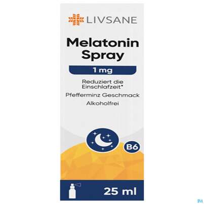 Sie sehen eine Packung Melatonin Spray 1mg Livsane 25ml, Produktbild: 01 Melatonin Spray 1mg Livsane 25ml, A-Nr.: 5848930 - 01