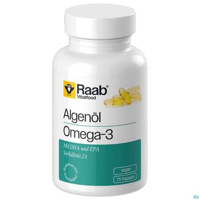 Sie sehen eine Packung Algen Oel Omega-3 Kapseln Raab 75st, Produktbild: 01 Algen Oel Omega-3 Kapseln Raab 75st, A-Nr.: 5912875 - 01