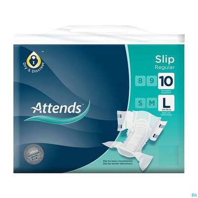 Sie sehen eine Packung Inkontinenz Attends Slip Regular L 10 26st, Produktbild: 01 Inkontinenz Attends Slip Regular L 10 26st, A-Nr.: 4257138 - 01