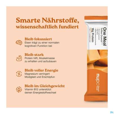 Sie sehen eine Packung Nupo Riegel Fuer 1 Mahlzeit One Meal Bar Toffee 97767 60g, Produktbild: 09 Nupo Riegel Fuer 1 Mahlzeit One Meal Bar Toffee 97767 60g, A-Nr.: 5296666 - 09
