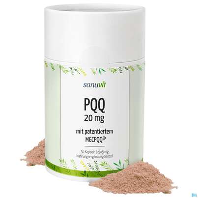 Sie sehen eine Packung Pqq/mgcpqq Kapseln 20mg Sanuvit 30st, Produktbild: 01 Pqq/mgcpqq Kapseln 20mg Sanuvit 30st, A-Nr.: 5625472 - 01
