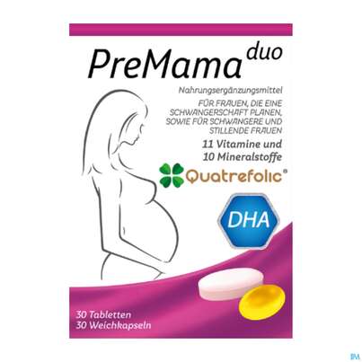 Sie sehen eine Packung Quatrefolic Premama Duo Tabletten+weichkapseln 30st, Produktbild: 01 Quatrefolic Premama Duo Tabletten+weichkapseln 30st, A-Nr.: 5974020 - 01