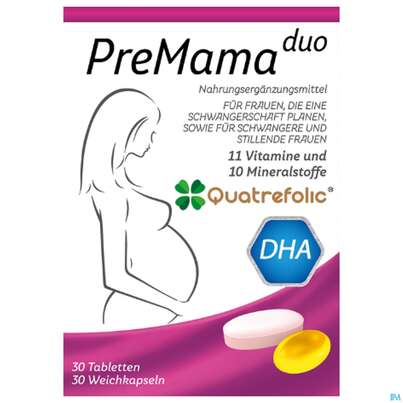 Sie sehen eine Packung Quatrefolic Premama Duo Tabletten+weichkapseln 30st, Produktbild: 02 Quatrefolic Premama Duo Tabletten+weichkapseln 30st, A-Nr.: 5974020 - 02