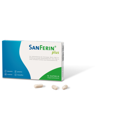 Sie sehen eine Packung SANFERIN PLUS 15 magensaftresistente Kapseln, Produktbild: 01 SANFERIN PLUS 15 magensaftresistente Kapseln, A-Nr.: 6028175 - 01
