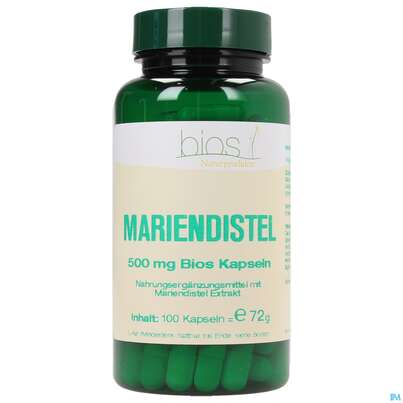 Sie sehen eine Packung Bios Mariendistel 500mg 100 Kapseln, Produktbild: 01 Bios Mariendistel 500mg 100 Kapseln, A-Nr.: 3892507 - 01