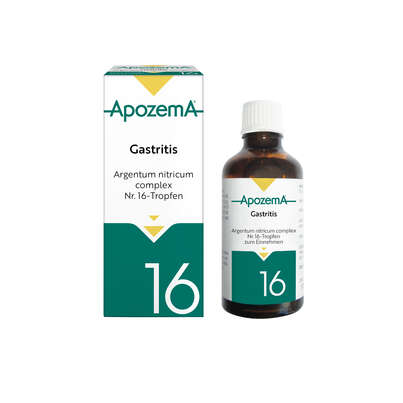 Sie sehen eine Packung Apozema® Nr. 16 Gastritis-Tropfen, Produktbild: 01 Apozema® Nr. 16 Gastritis-Tropfen, A-Nr.: 0988000 - 01