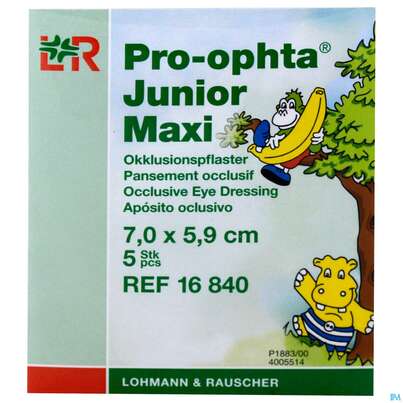 Sie sehen eine Packung Augenokklusionspflaster Pro-ophta Junior Maxi 7x 5,9cm 16842 100st, Produktbild: 01 Augenokklusionspflaster Pro-ophta Junior Maxi 7x 5,9cm 16842 100st, A-Nr.: 2723257 - 01
