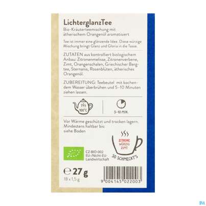 Sie sehen eine Packung Sonnentor Lichterglanz Kraeutertee Bio 02200 18st, Produktbild: 04 Sonnentor Lichterglanz Kraeutertee Bio 02200 18st, A-Nr.: 5683676 - 04