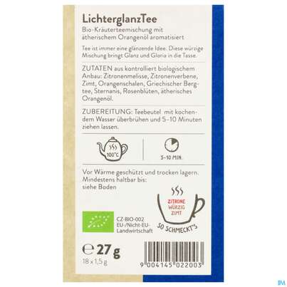 Sie sehen eine Packung Sonnentor Lichterglanz Kraeutertee Bio 02200 18st, Produktbild: 05 Sonnentor Lichterglanz Kraeutertee Bio 02200 18st, A-Nr.: 5683676 - 05
