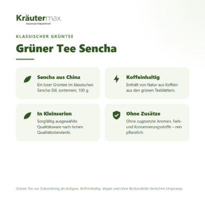 Sie sehen eine Packung Grüner Tee Sencha 100 g, Produktbild: 02 Grüner Tee Sencha 100 g, A-Nr.: 6017415 - 02