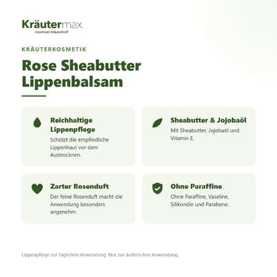 Sie sehen eine Packung Rose Sheabutter Lippenbalsam 10 ml, Produktbild: 02 Rose Sheabutter Lippenbalsam 10 ml, A-Nr.: 4938737 - 02