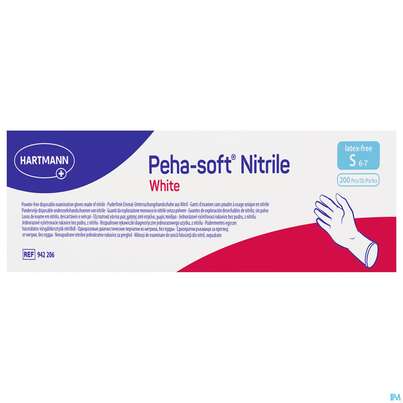 Sie sehen eine Packung Untersuchungshandschuhe Peha/soft/puderfrei Nitrile Unsteril White S 200st, Produktbild: 01 Untersuchungshandschuhe Peha/soft/puderfrei Nitrile Unsteril White S 200st, A-Nr.: 3994030 - 01