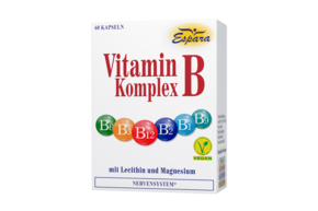 Sie sehen eine Packung Espara Vitamin B-Komplex Kapseln, Produktbild: 01 Espara Vitamin B-Komplex Kapseln, A-Nr.: 2483557 - 01
