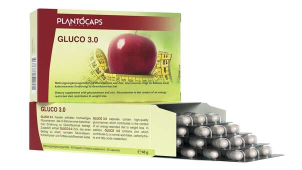 Sie sehen eine Packung plantoCAPS GLUCO 3.0 Kapseln, Produktbild: 03 plantoCAPS GLUCO 3.0 Kapseln, A-Nr.: 4828859 - 03