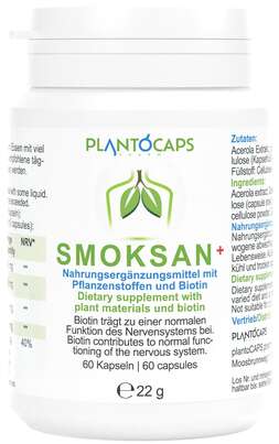 Sie sehen eine Packung plantoCAPS SMOKSAN+ Kapseln, Produktbild: 01 plantoCAPS SMOKSAN+ Kapseln, A-Nr.: 4606780 - 01