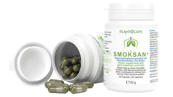 Sie sehen eine Packung plantoCAPS SMOKSAN+ Kapseln, Produktbild: 03 plantoCAPS SMOKSAN+ Kapseln, A-Nr.: 4606780 - 03