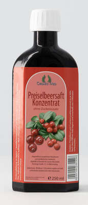 Sie sehen eine Packung Preiselbeersaft-Konzentrat 1:30 250ml, Produktbild: 01 Preiselbeersaft-Konzentrat 1:30 250ml, A-Nr.: 3063142 - 01