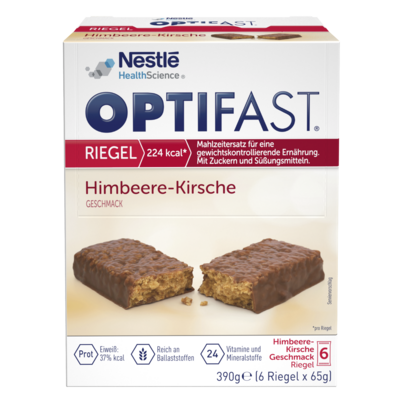 Sie sehen eine Packung Optifast® Riegel Himbeere-Kirsche, Produktbild: 01 Optifast® Riegel Himbeere-Kirsche, A-Nr.: 3945497 - 01