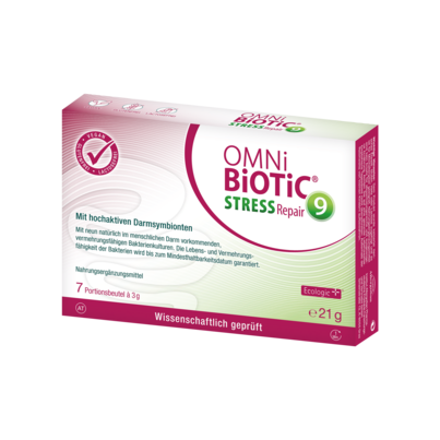 Sie sehen eine Packung OMNi-BiOTiC® Stress Repair, 7 Sachets a 3g, Produktbild: 01 OMNi-BiOTiC® Stress Repair, 7 Sachets a 3g, A-Nr.: 3834591 - 01