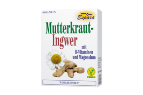 Sie sehen eine Packung Espara Mutterkraut-Ingwer Kapseln, Produktbild: 01 Espara Mutterkraut-Ingwer Kapseln, A-Nr.: 4865808 - 01