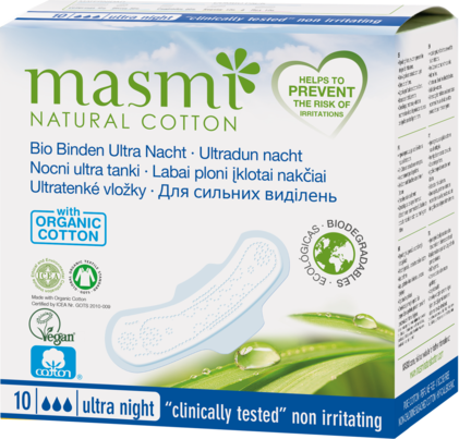 Sie sehen eine Packung Masmi Organic Care - Bio Monatsbinden Ultra Nacht, Produktbild: 02 Masmi Organic Care - Bio Monatsbinden Ultra Nacht, A-Nr.: 4368777 - 02