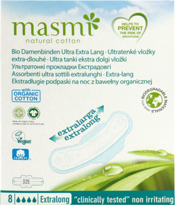 Sie sehen eine Packung Masmi Bio Binden Ultra Extra Lang, Produktbild: 03 Masmi Bio Binden Ultra Extra Lang, A-Nr.: 5373415 - 03