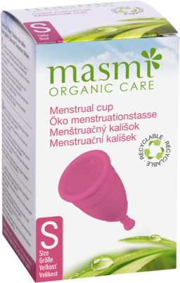 Sie sehen eine Packung Masmi Öko Menstruationstasse Größe S, Produktbild: 01 Masmi Öko Menstruationstasse Größe S, A-Nr.: 4620828 - 01