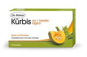 Sie sehen eine Packung Dr. Böhm Kürbis nur 1 Tablette täglich, Produktbild: 01 Dr. Böhm Kürbis nur 1 Tablette täglich, A-Nr.: 1609022 - 01