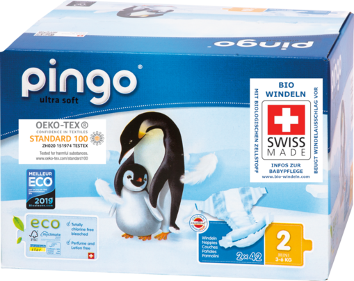 Sie sehen eine Packung Bio Windeln Nr.2 Mini Jumbo 3-6kg Pinguin – Pingo Swiss, Produktbild: 02 Bio Windeln Nr.2 Mini Jumbo 3-6kg Pinguin – Pingo Swiss, A-Nr.: 4559537 - 02