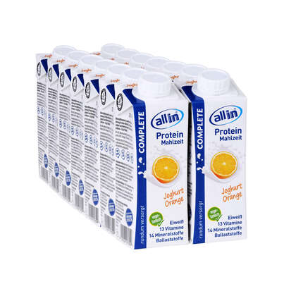 Sie sehen eine Packung all in® COMPLETE Joghurt Orange (14 x 250 ml), Produktbild: 02 all in® COMPLETE Joghurt Orange (14 x 250 ml), A-Nr.: 4907292 - 02