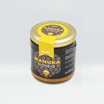 Sie sehen eine Packung Manuka Honig MGO 100+ MediFit, Produktbild: 01 Manuka Honig MGO 100+ MediFit, A-Nr.: 5358551 - 01