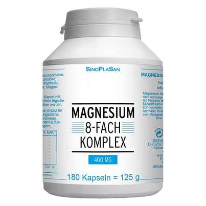 Sie sehen eine Packung Magnesium 8-fach Komplex 400 mg 180 Kapseln, Produktbild: 01 Magnesium 8-fach Komplex 400 mg 180 Kapseln, A-Nr.: 5374892 - 01