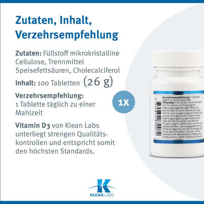 Vitamin D3 1000 i.E. Klean Labs Tabletten, A-Nr.: 5598284 - 09