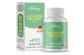 Sie sehen eine Packung Vitabay 5-HTP 200 mg Kapseln, Produktbild: 01 Vitabay 5-HTP 200 mg Kapseln, A-Nr.: 5878256 - 01
