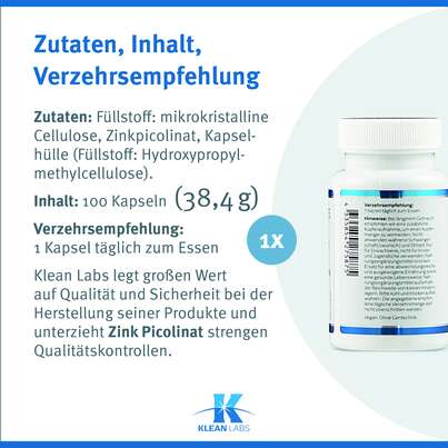 Zink Picolinat 25 mg Klean Labs Kapseln, A-Nr.: 5755631 - 09