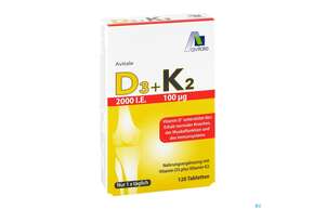 Sie sehen eine Packung D3+k2 Tabl 2000ie +100ug 120st, Produktbild: 01 D3+k2 Tabl 2000ie +100ug 120st, A-Nr.: 5296100 - 01