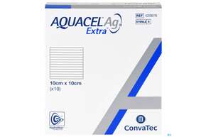 Sie sehen eine Packung Convatec Aquacel Ag Extra 10x10 Cm, Produktbild: 01 Convatec Aquacel Ag Extra 10x10 Cm, A-Nr.: 4145563 - 01