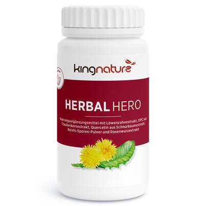 Sie sehen eine Packung KINGNATURE Herbal Hero Kaps Ds 60 Stk, Produktbild: 01 KINGNATURE Herbal Hero Kaps Ds 60 Stk, A-Nr.: 5888378 - 01