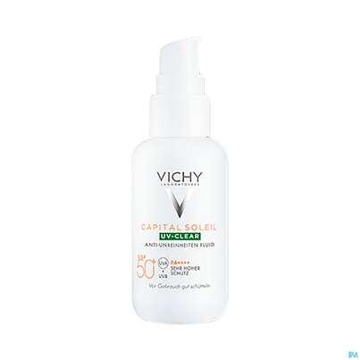 Sie sehen eine Packung Sonnenprodukte Vichy/capital Soleil Uv-clear Lsf50+ 40ml, Produktbild: 08 Sonnenprodukte Vichy/capital Soleil Uv-clear Lsf50+ 40ml, A-Nr.: 5672891 - 08
