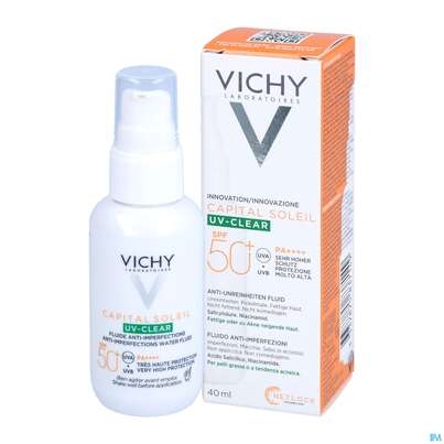 Sie sehen eine Packung Sonnenprodukte Vichy/capital Soleil Uv-clear Lsf50+ 40ml, Produktbild: 05 Sonnenprodukte Vichy/capital Soleil Uv-clear Lsf50+ 40ml, A-Nr.: 5672891 - 05